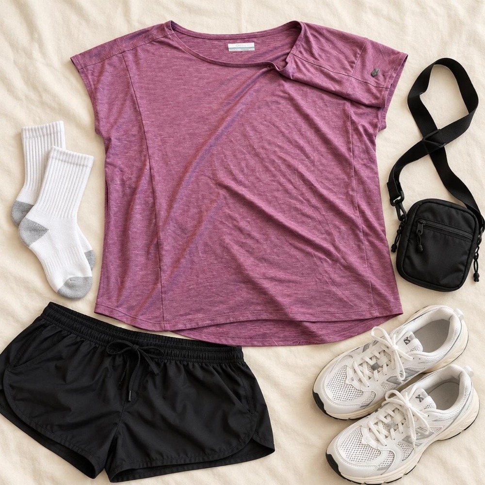 Columbia lightweight pink heather short sleeve relaxed fit top, size M